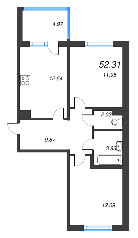 2-комнатная квартира, 52.31 м² - планировка, фото №1