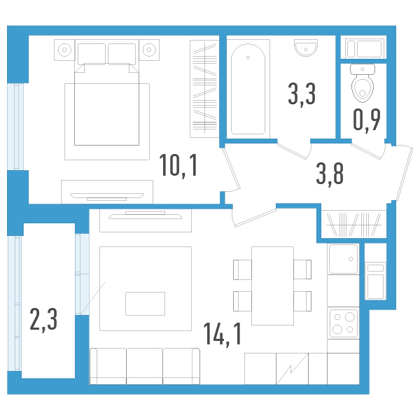 1-комнатная квартира, 33.4 м² - планировка, фото №1