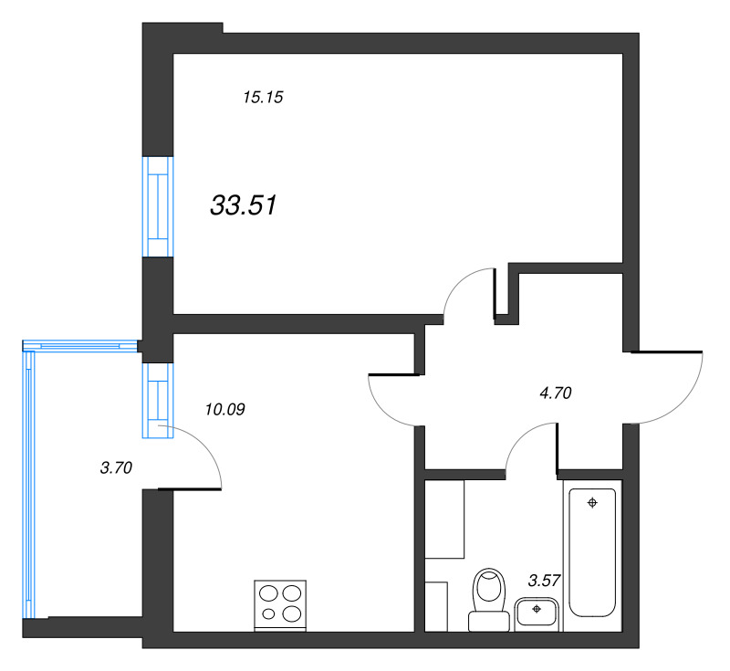 1-комнатная квартира, 33.51 м² - планировка, фото №1