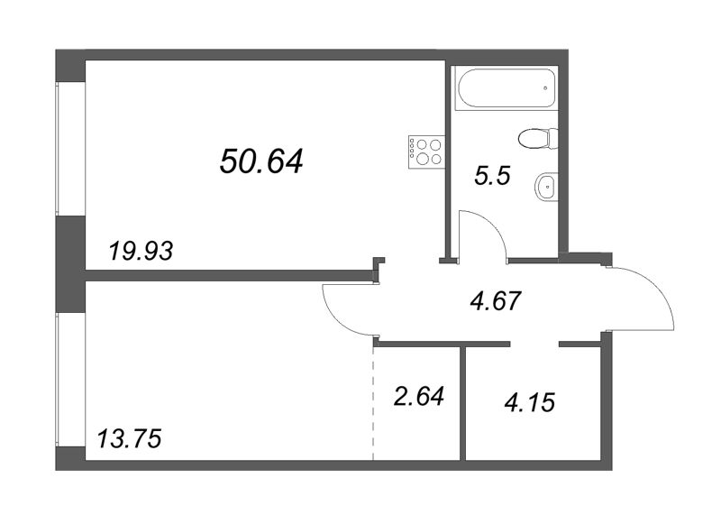 2-комнатная (Евро) квартира, 50.64 м² в ЖК "Avant" - планировка, фото №1