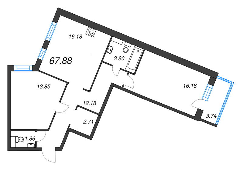 3-комнатная (Евро) квартира, 67.88 м² - планировка, фото №1