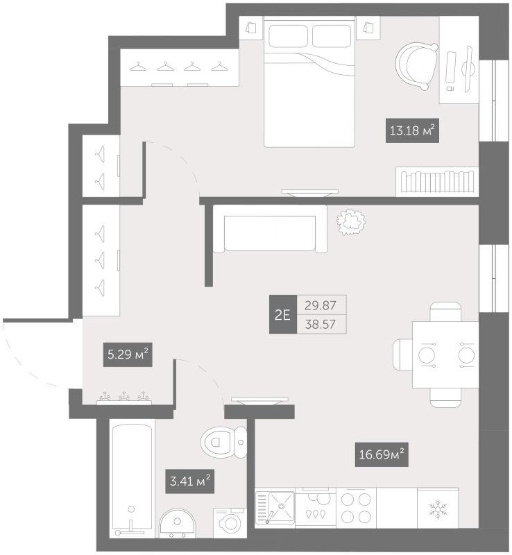 1-комнатная квартира, 39.7 м² в ЖК "Зум Чёрная Речка" - планировка, фото №1