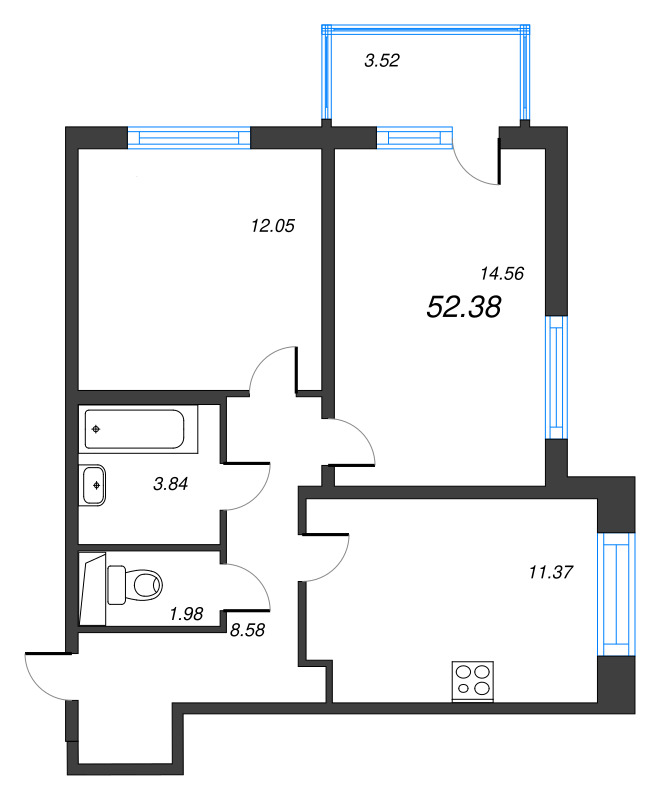2-комнатная квартира, 52.38 м² в ЖК "ЮгТаун" - планировка, фото №1