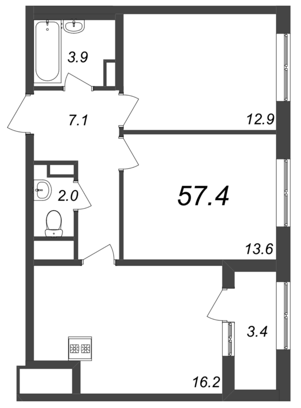 2-комнатная квартира, 57.5 м² в ЖК "Галактика" - планировка, фото №1