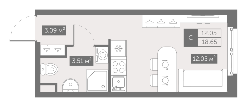 Квартира-студия, 18.65 м² в ЖК "Zoom на Неве" - планировка, фото №1