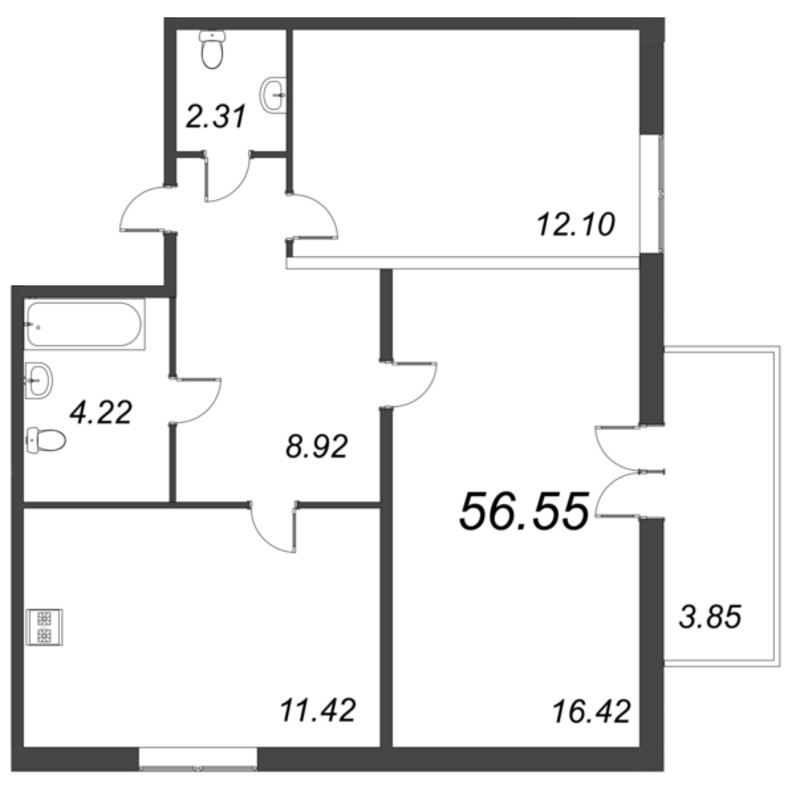2-комнатная квартира, 56.55 м² - планировка, фото №1