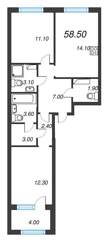 2-комнатная квартира, 58.5 м² в ЖК "Струны" - планировка, фото №1