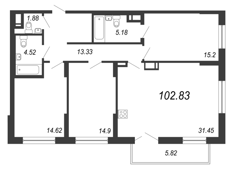 4-комнатная (Евро) квартира, 103.1 м² - планировка, фото №1