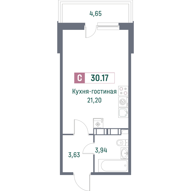 Квартира-студия, 29.3 м² в ЖК "Фотограф" - планировка, фото №1