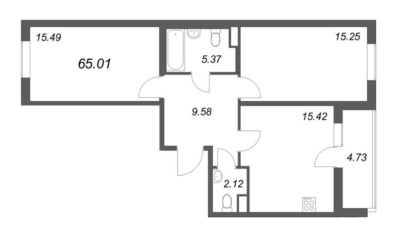 3-комнатная (Евро) квартира, 65.01 м² в ЖК "Новая история" - планировка, фото №1