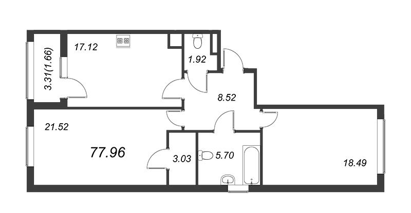 2-комнатная квартира, 78.1 м² - планировка, фото №1