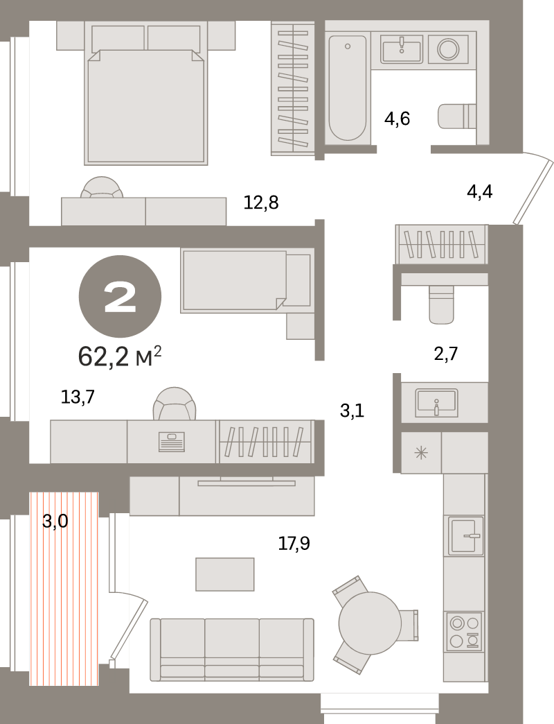 3-комнатная (Евро) квартира, 62.1 м² в ЖК "Северный ветер" - планировка, фото №1