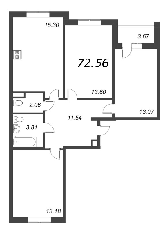 3-комнатная квартира, 72.56 м² - планировка, фото №1