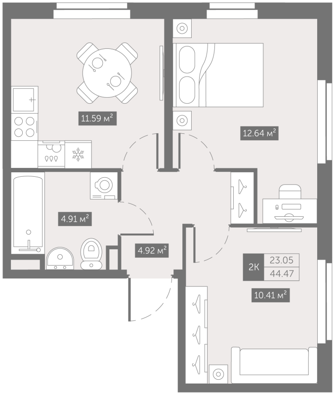2-комнатная квартира, 44.47 м² в ЖК "Зум на Неве" - планировка, фото №1
