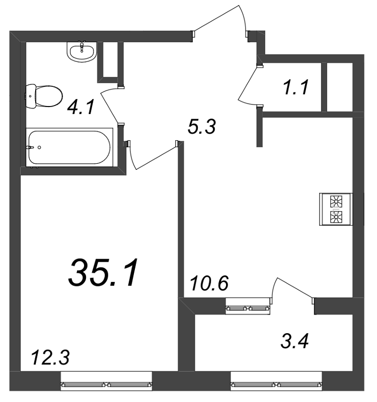 1-комнатная квартира, 35 м² - планировка, фото №1