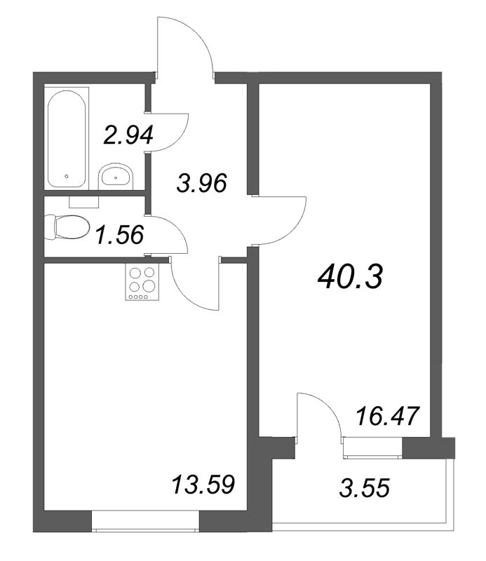 1-комнатная квартира, 40.3 м² в ЖК "АРО" - планировка, фото №1