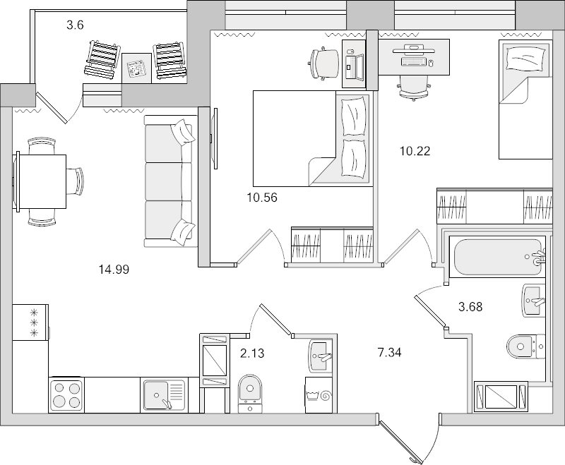 2-комнатная квартира, 45.7 м² - планировка, фото №1