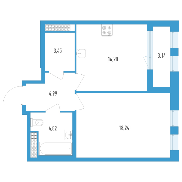 1-комнатная квартира, 47.27 м² - планировка, фото №1