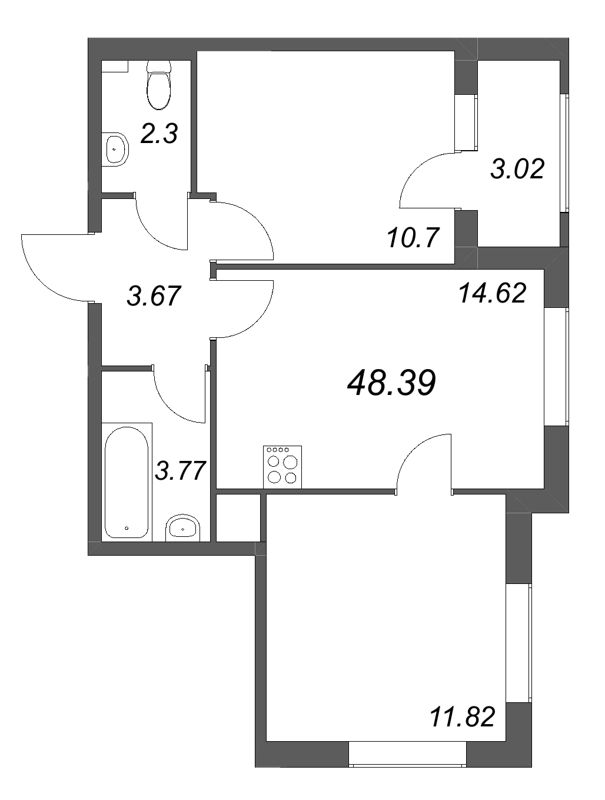 2-комнатная квартира, 48.39 м² в ЖК "Гранат" - планировка, фото №1