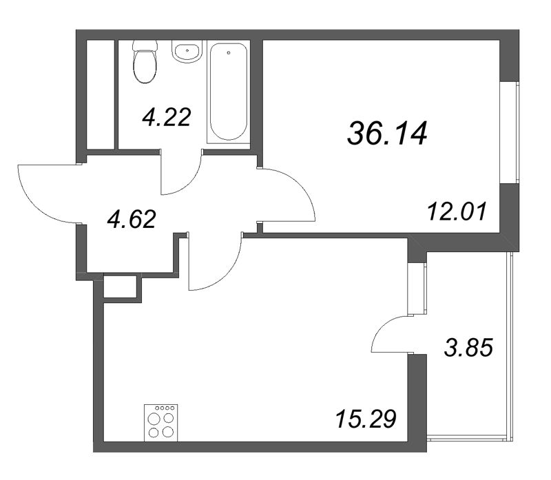 2-комнатная (Евро) квартира, 36.14 м² - планировка, фото №1
