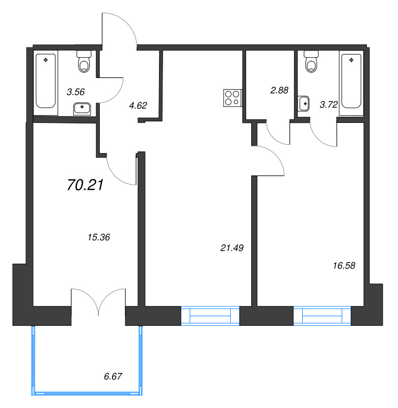 3-комнатная (Евро) квартира, 70.21 м² в ЖК "Alpen" - планировка, фото №1