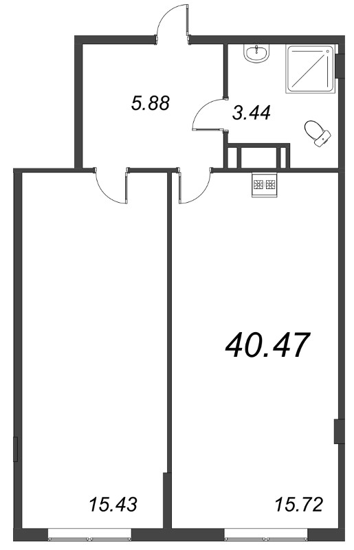 2-комнатная (Евро) квартира, 40.47 м² в ЖК "Ромашки" - планировка, фото №1
