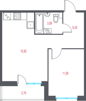 2-комнатная (Евро) квартира, 42.07 м² в ЖК "Город-спутник Южный" - планировка, фото №1