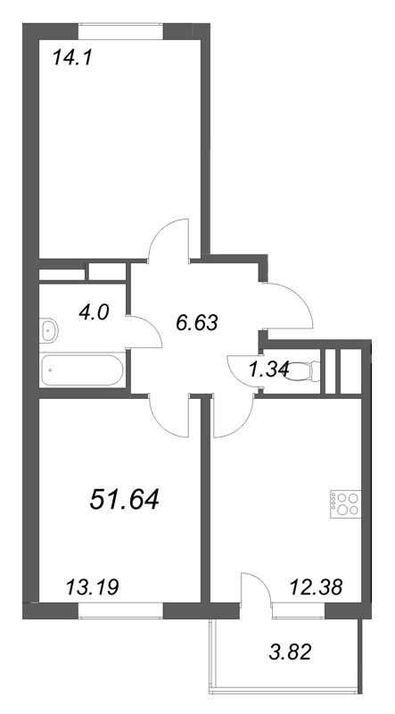 2-комнатная квартира, 51.64 м² в ЖК "ЮгТаун" - планировка, фото №1