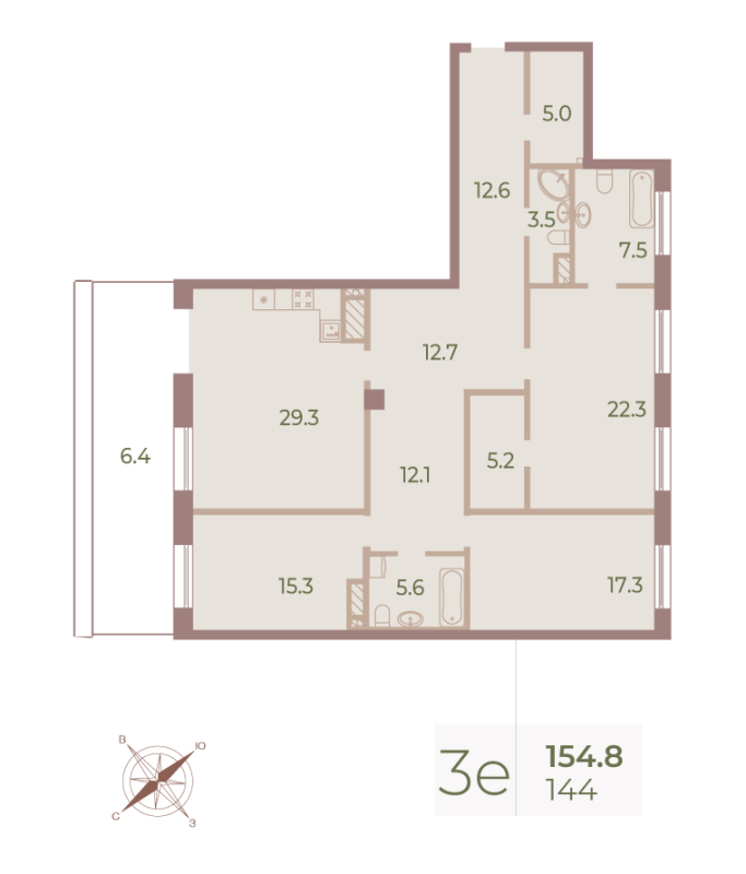 3-комнатная (Евро) квартира, 153.7 м² - планировка, фото №1