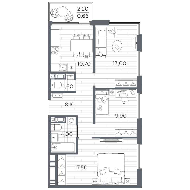 3-комнатная квартира, 65.46 м² в ЖК "Плюс Пулковский" - планировка, фото №1