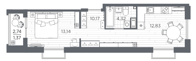 1-комнатная квартира, 41.83 м² в ЖК "Respect" - планировка, фото №1
