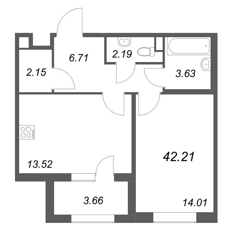 1-комнатная квартира, 42.21 м² в ЖК "Дубровский" - планировка, фото №1