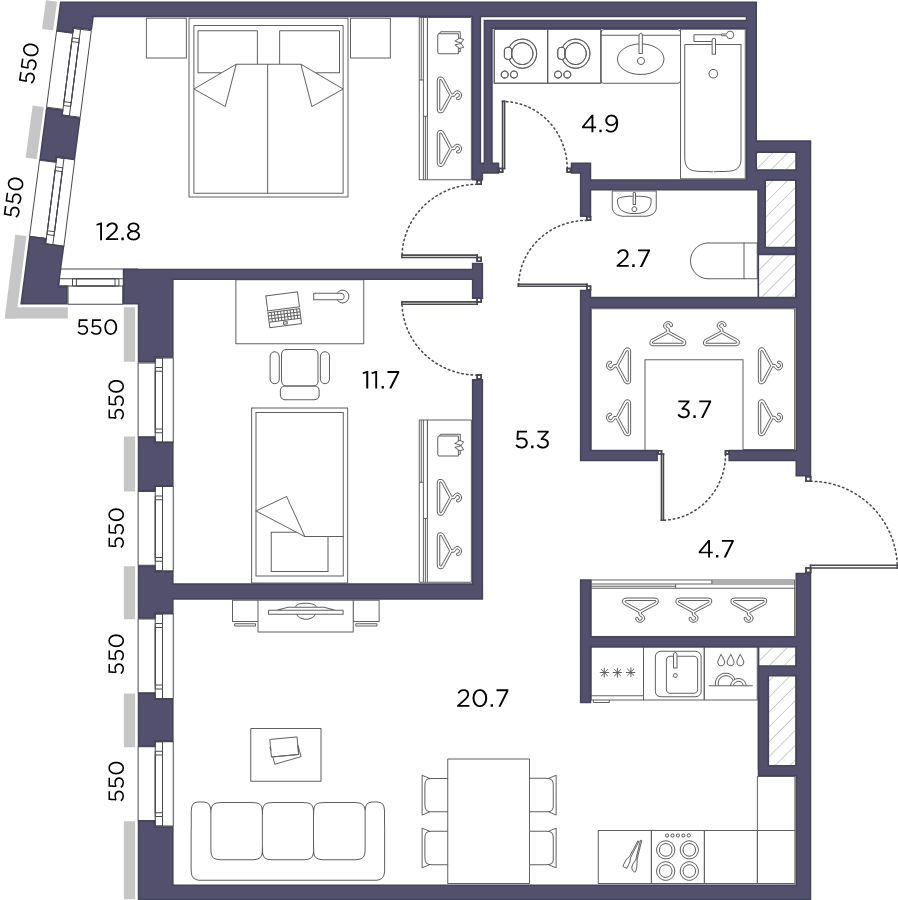 3-комнатная (Евро) квартира, 65.26 м² в ЖК "Лисичанская, 22" - планировка, фото №1