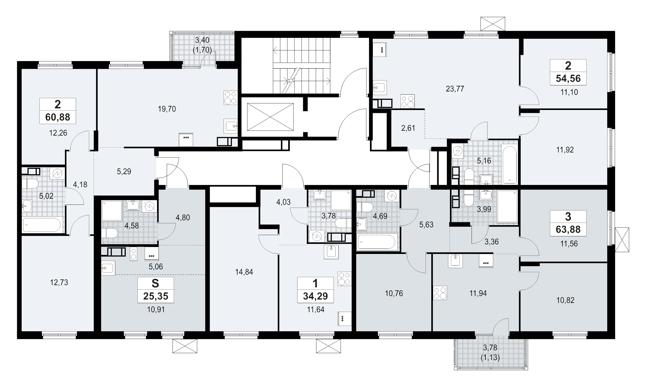 3-комнатная квартира, 63.88 м² - планировка этажа