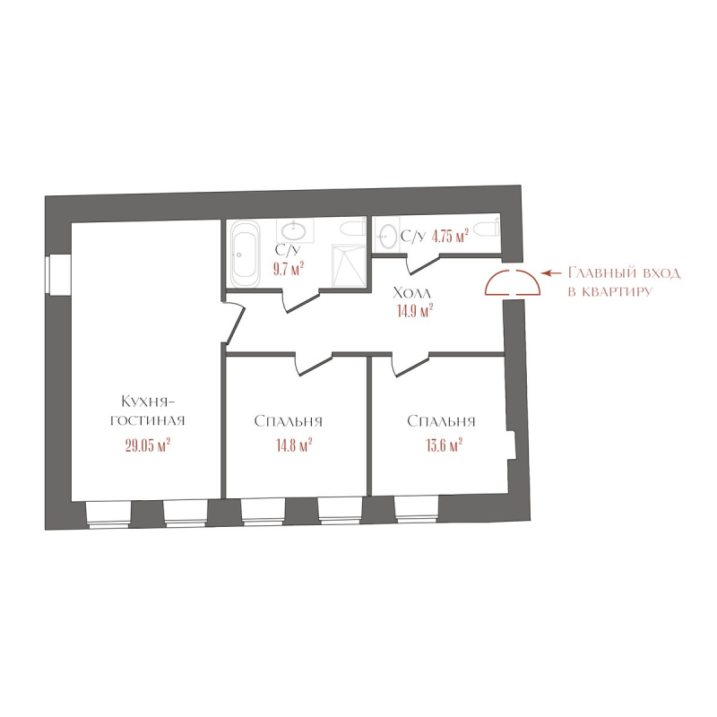 2-комнатная квартира, 84.18 м² в ЖК "Три Грации" - планировка, фото №1