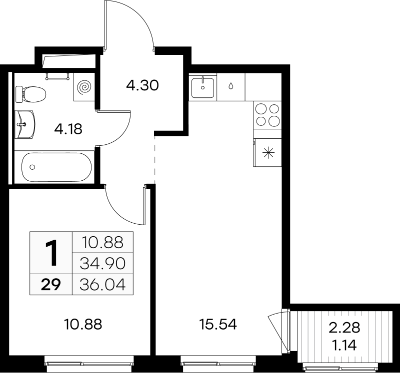 2-комнатная (Евро) квартира, 36.04 м² - планировка, фото №1