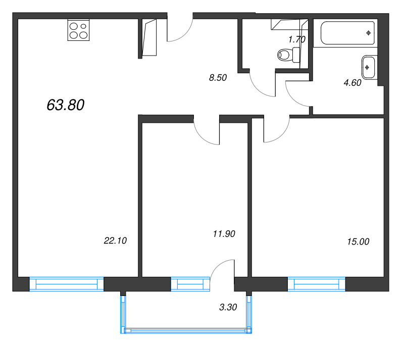 3-комнатная (Евро) квартира, 63.8 м² в ЖК "Руднева 15" - планировка, фото №1