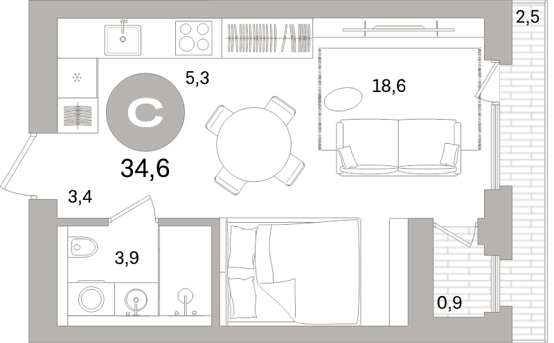 Квартира-студия, 34.6 м² в ЖК "Северный ветер" - планировка, фото №1