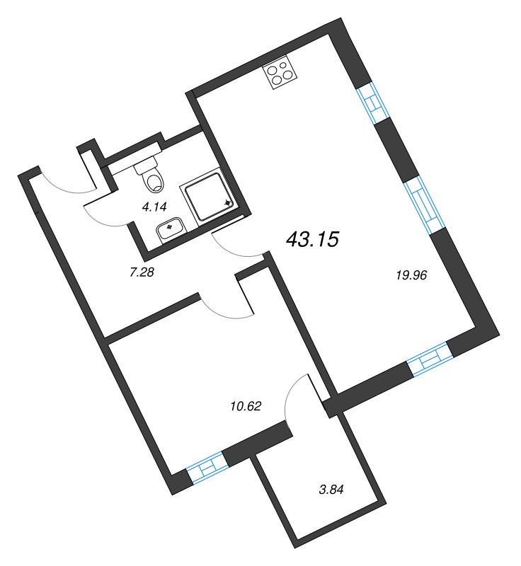 2-комнатная (Евро) квартира, 43.15 м² в ЖК "Рощино Residence" - планировка, фото №1