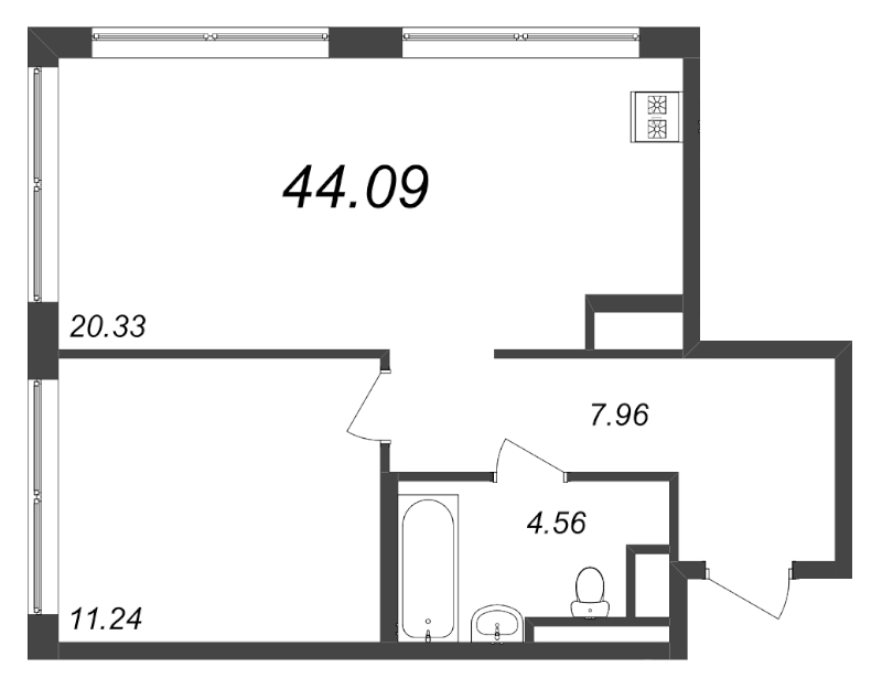 2-комнатная (Евро) квартира, 44.09 м² - планировка, фото №1