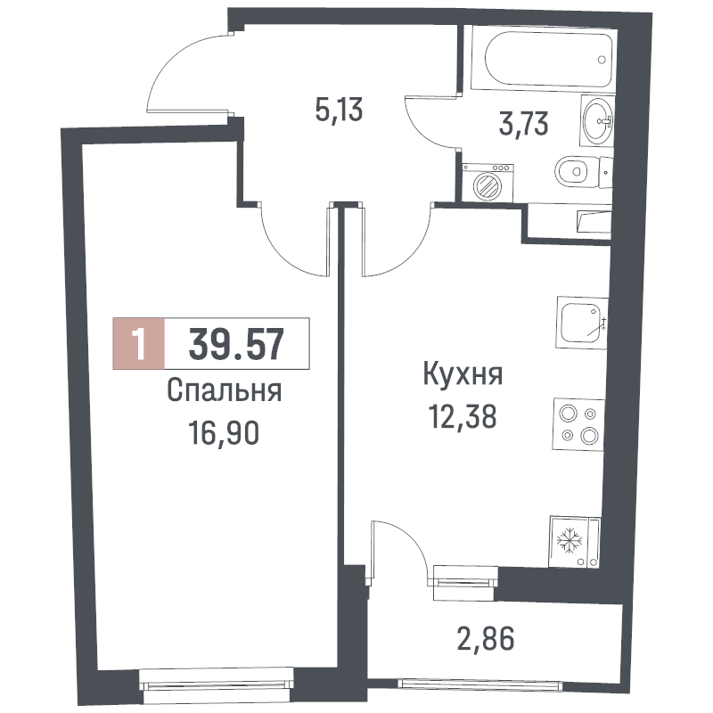 1-комнатная квартира, 39.57 м² в ЖК "Авиатор" - планировка, фото №1