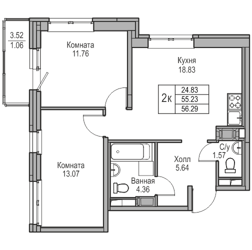 3-комнатная (Евро) квартира, 56.29 м² в ЖК "Юнтолово" - планировка, фото №1