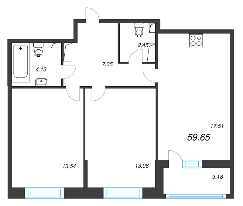 3-комнатная (Евро) квартира, 59.65 м² в ЖК "Аквилон Leaves" - планировка, фото №1