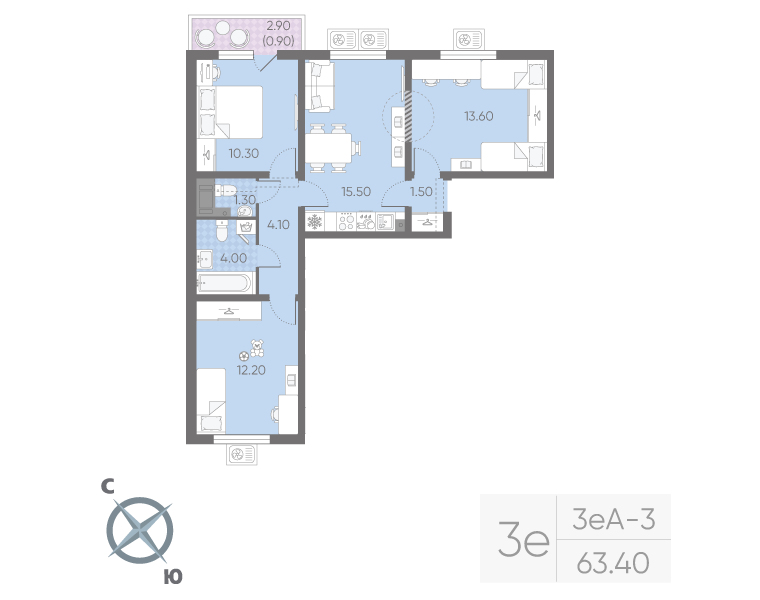 4-комнатная (Евро) квартира, 63.4 м² в ЖК "Ручьи" - планировка, фото №1