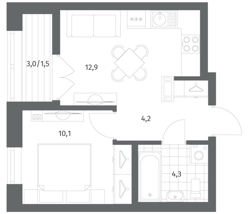 1-комнатная квартира, 33.01 м² в ЖК "NewПитер 2.0" - планировка, фото №1