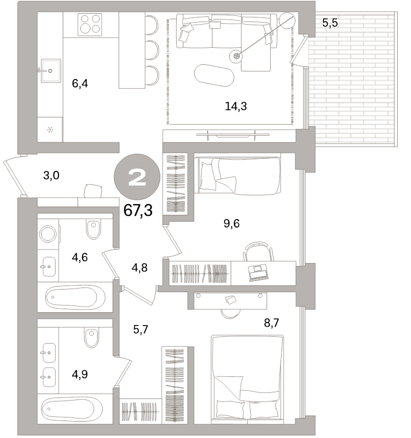 3-комнатная (Евро) квартира, 67.3 м² в ЖК "Северный ветер" - планировка, фото №1