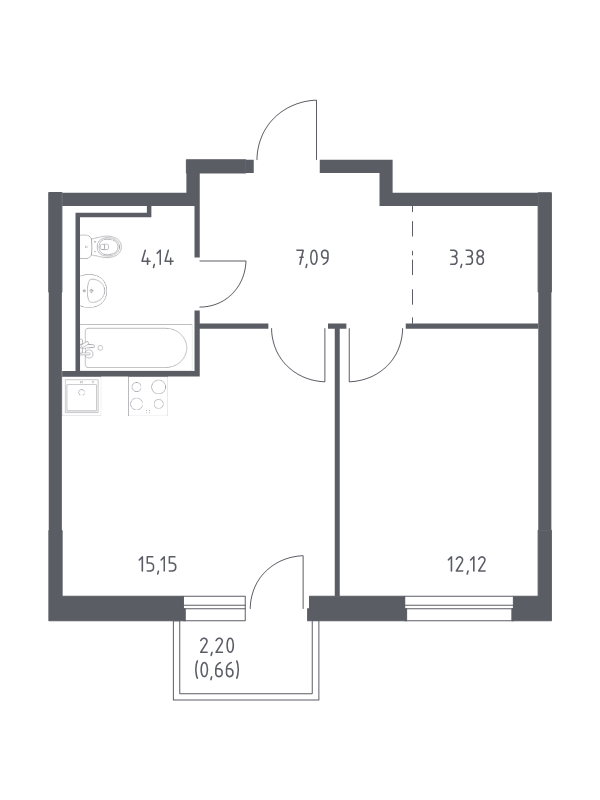 2-комнатная (Евро) квартира, 42.54 м² в ЖК "Невская Долина" - планировка, фото №1