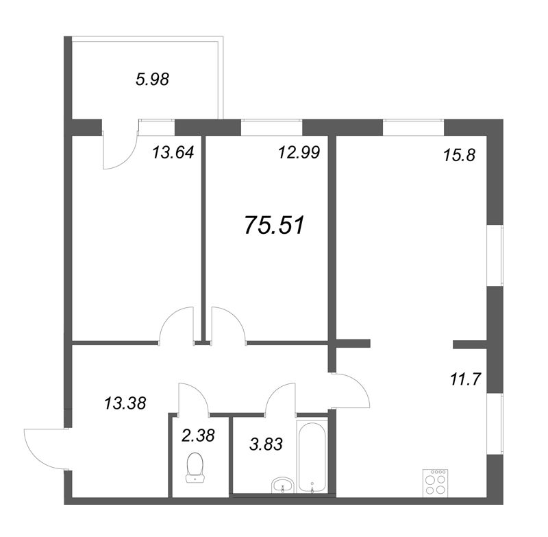3-комнатная (Евро) квартира, 73.72 м² в ЖК "Юттери" - планировка, фото №1
