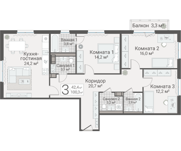 4-комнатная (Евро) квартира, 100.3 м² в ЖК "Руднева 15" - планировка, фото №1