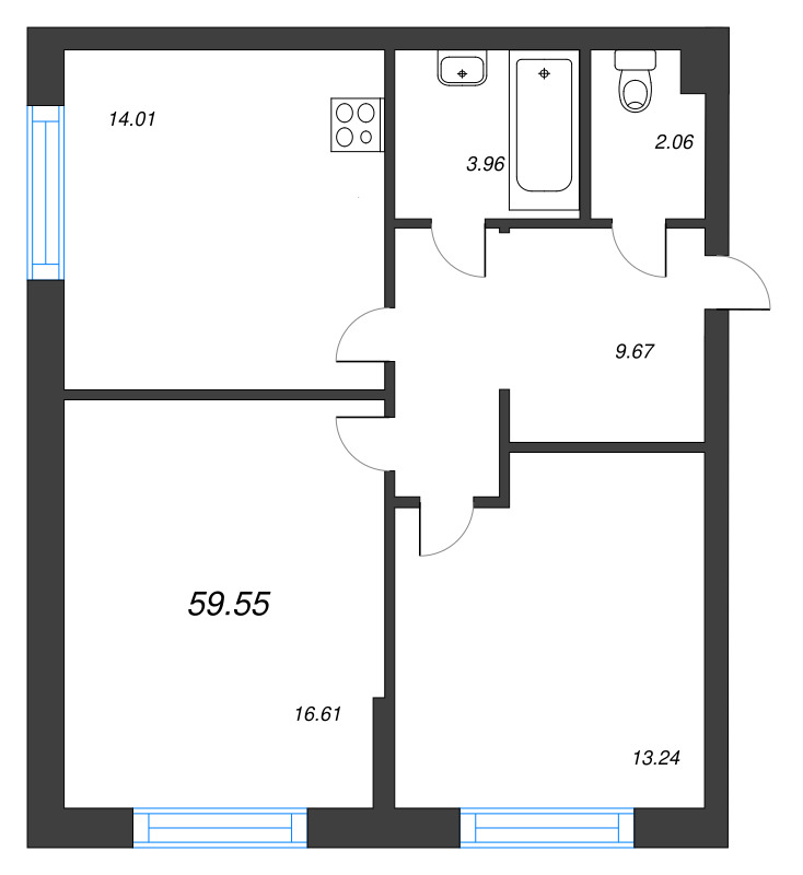 3-комнатная (Евро) квартира, 59.55 м² в ЖК "Охтинские высоты" - планировка, фото №1
